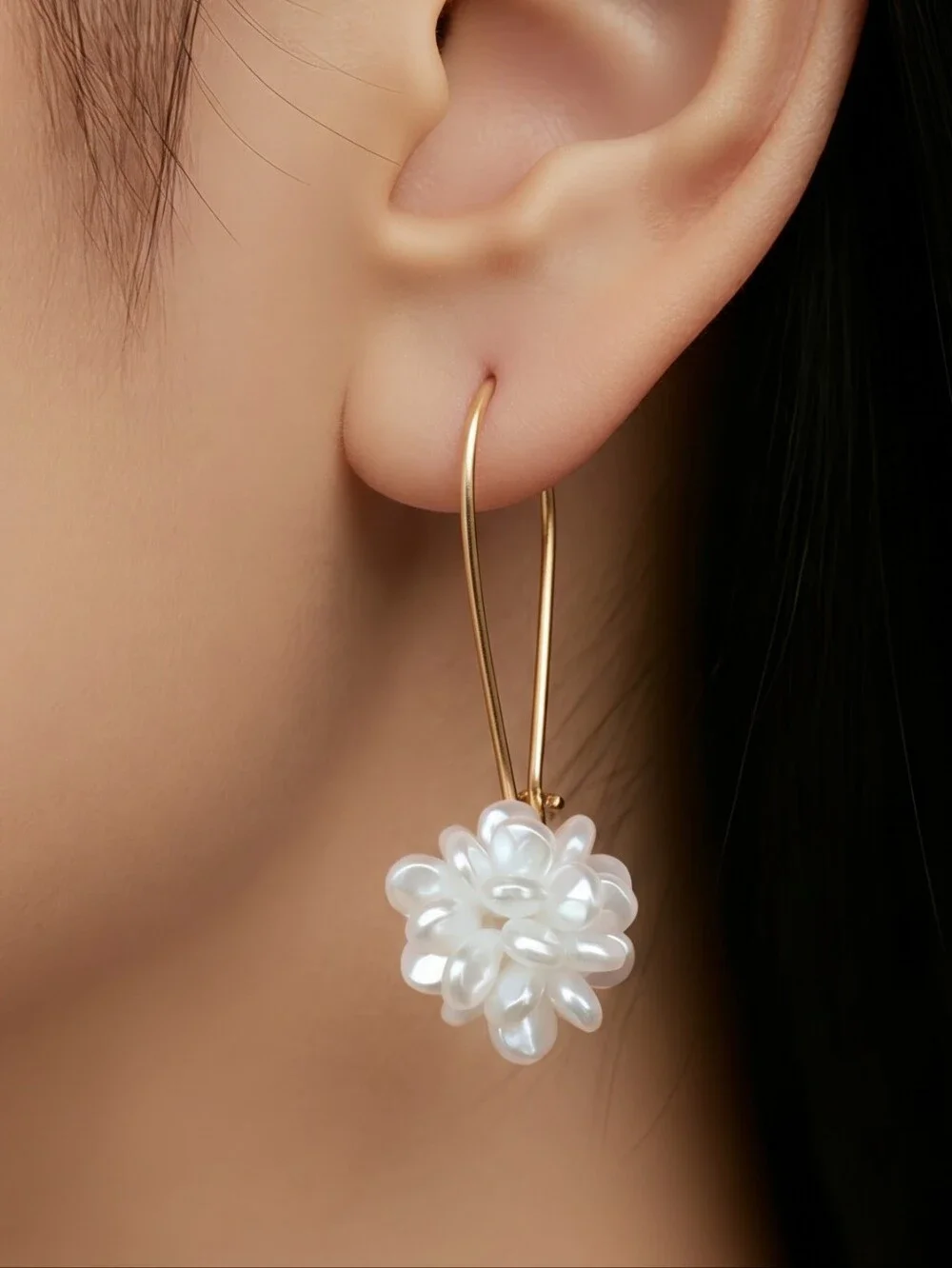 Pearl Flower Drop Earrings Gold Hoop Bridal Wedding Elegant Statement Earrings